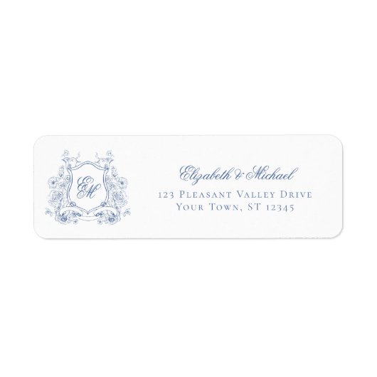 Blue Floral Crest Monogram Wedding Retour Adres Etiket (Voorkant)