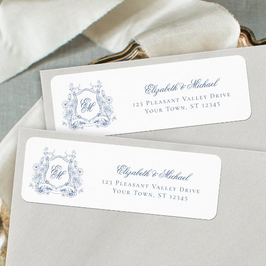 Blue Floral Crest Monogram Wedding Retour Adres Etiket