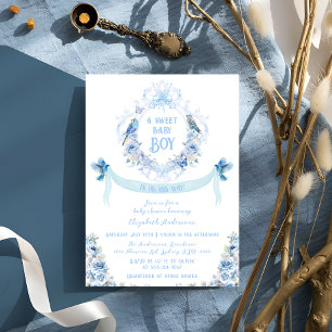 Blue Floral Crest Sweet Baby Boy Baby shower Kaart