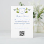 Blue Floral Crest Wedding Details QR Code Informatiekaartje (Staand voorkant)