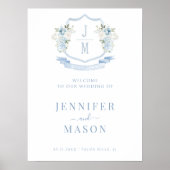 Blue Floral Crest Wedding Welkomstbord Poster (Voorkant)