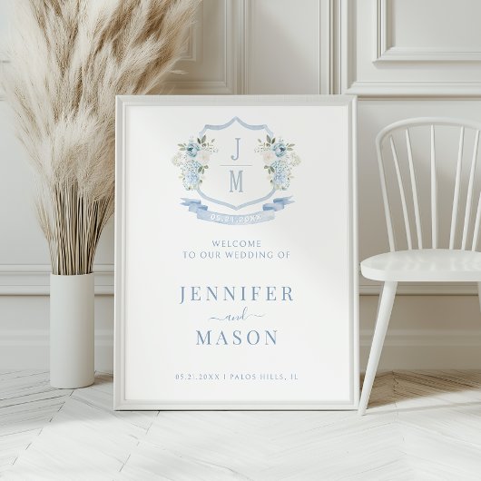 Blue Floral Crest Wedding Welkomstbord Poster