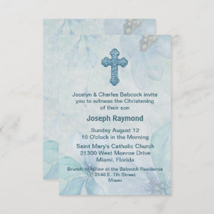 Blue Floral Cross Baby Christening Uitnodiging