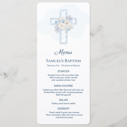 Blue Floral Cross Baptism Menu (Voorkant)