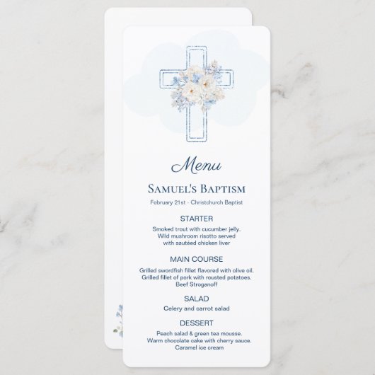 Blue Floral Cross Baptism Menu (Voorkant / Achterkant)