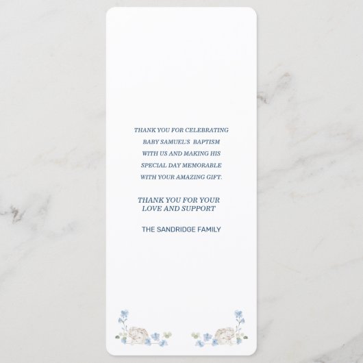 Blue Floral Cross Baptism Menu (Achterkant)