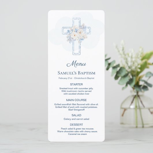 Blue Floral Cross Baptism Menu (Staand voorkant)