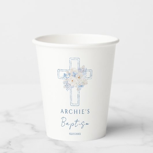 Blue Floral Cross Baptism Papieren Bekers (Voorkant)