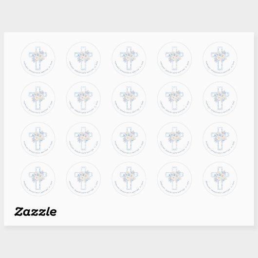 Blue Floral Cross Baptism Ronde Sticker (Vel)