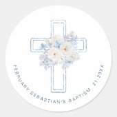 Blue Floral Cross Baptism Ronde Sticker (Voorkant)