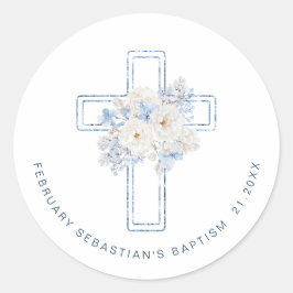 Blue Floral Cross Baptism Ronde Sticker