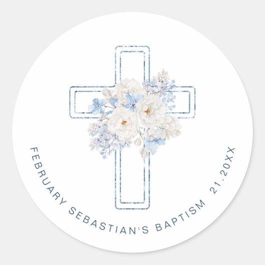 Blue Floral Cross Baptism Ronde Sticker (Voorkant)
