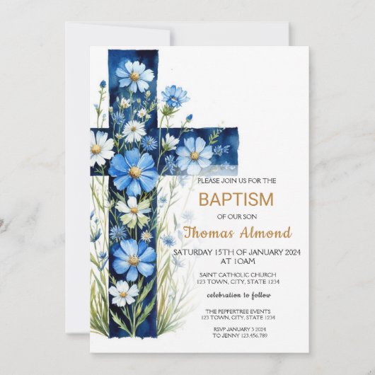 Blue Floral Cross Baptism Uitnodiging (Voorkant)