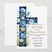 Blue Floral Cross Baptism Uitnodiging (Voorkant / Achterkant)