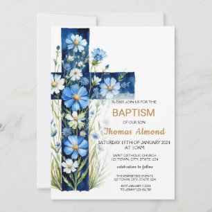 Blue Floral Cross Baptism Uitnodiging
