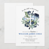 Blue Floral Cross Baptism Uitnodiging (Voorkant / Achterkant)