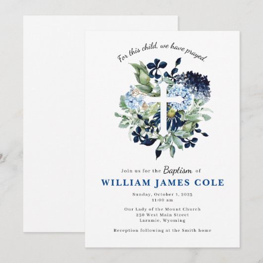 Blue Floral Cross Baptism Uitnodiging (Voorkant / Achterkant)