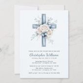 Blue Floral Cross Baptism Uitnodiging (Voorkant)