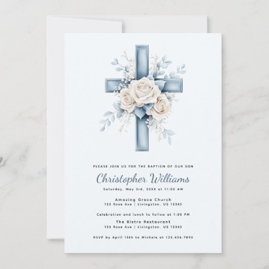 Blue Floral Cross Baptism Uitnodiging (Voorkant)