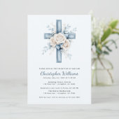 Blue Floral Cross Baptism Uitnodiging (Staand voorkant)