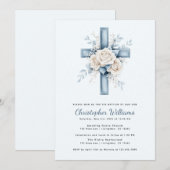 Blue Floral Cross Baptism Uitnodiging (Voorkant / Achterkant)