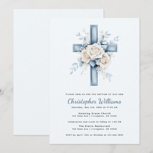 Blue Floral Cross Baptism Uitnodiging (Voorkant / Achterkant)