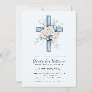 Blue Floral Cross Baptism Uitnodiging