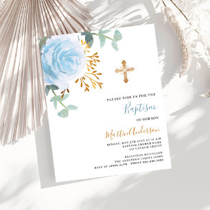 Blue floral cross boy budget doop uitnodiging