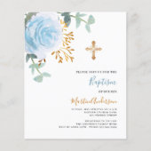 Blue floral cross boy budget doop uitnodiging (Voorkant)