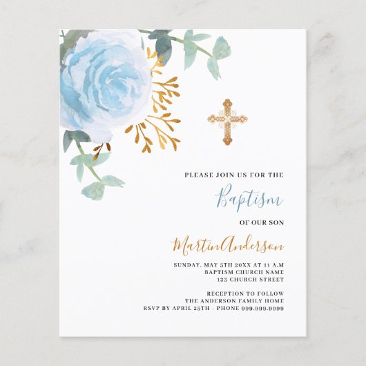Blue floral cross boy budget doop uitnodiging (Voorkant)