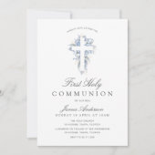 blue floral cross first holy communion invitation kaart (Voorkant)