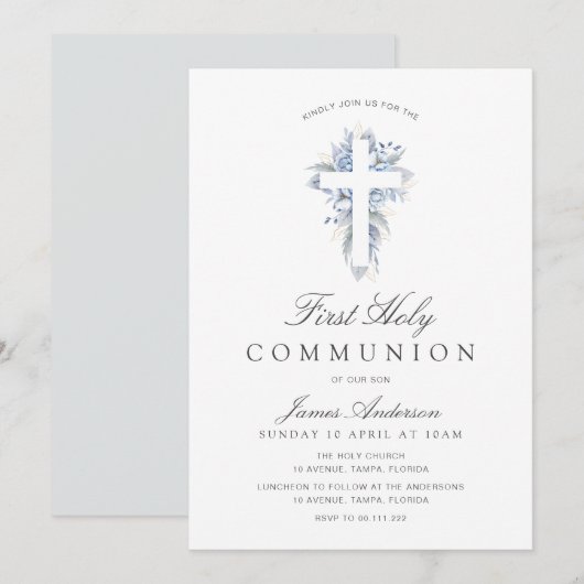blue floral cross first holy communion invitation kaart (Voorkant / Achterkant)