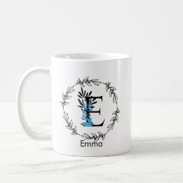 Blue Floral Custom Monogram - Letter E Coffee Mok