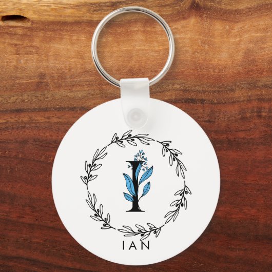 Blue Floral Custom Monogram - Letter I Sleutelhanger (Voorkant)