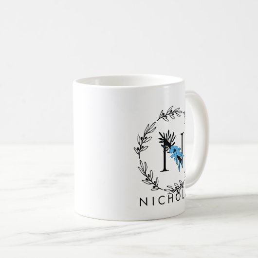 Blue Floral Custom Monogram - Letter N Coffee Mok (Voorkant rechts)