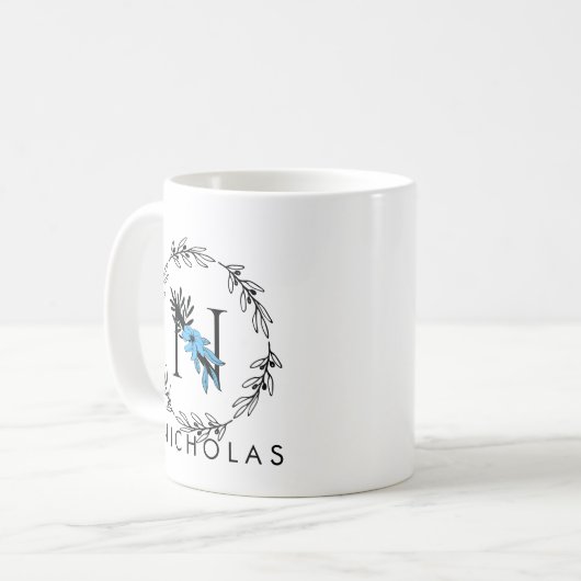 Blue Floral Custom Monogram - Letter N Coffee Mok (Voorkant links)