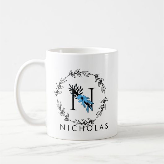 Blue Floral Custom Monogram - Letter N Coffee Mok (Links)
