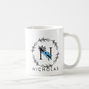 Blue Floral Custom Monogram - Letter N Coffee Mok