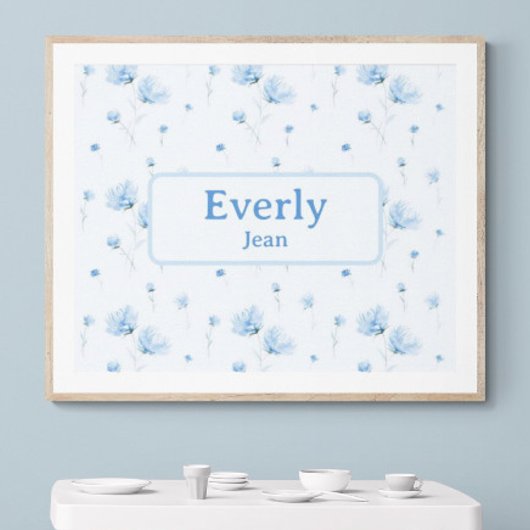 Blue Floral Custom Naam Decor Baby Nursery Poster