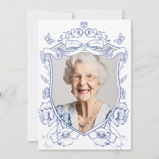 Blue Floral Custom Photo 100th Verjaardagsfeest Kaart (Achterkant)