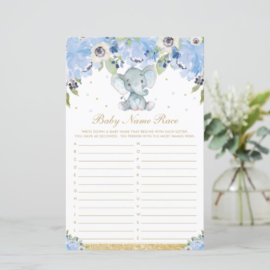 Blue Floral Cute Elephant Baby Name Race Game (Staand voorkant)