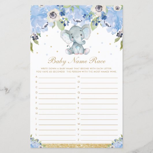 Blue Floral Cute Elephant Baby Name Race Game (Voorkant)