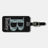 Blue Floral Damask Print B monogram initiaal Bagagelabel (Voorkant horizontaal)