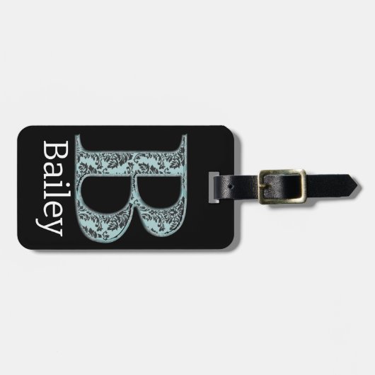Blue Floral Damask Print B monogram initiaal Bagagelabel (Voorkant horizontaal)