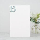 Blue Floral Damask Print B monogram initiaal Briefpapier (Staand voorkant)