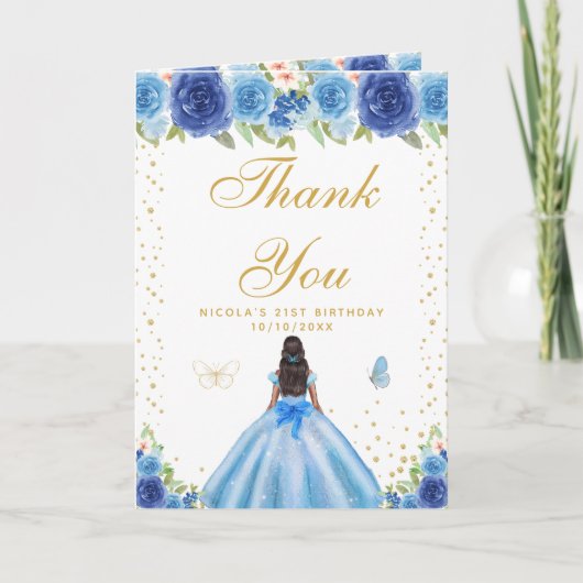 Blue Floral Dark Skin Girl Birthday Bedankkaart (Voorkant)