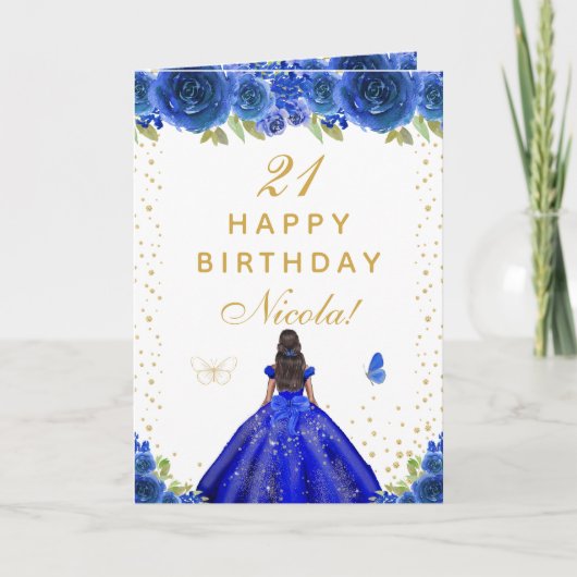 Blue Floral Dark Skin Girl Birthday Kaart (Voorkant)
