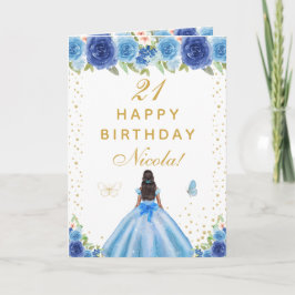 Blue Floral Dark Skin Girl Birthday Kaart