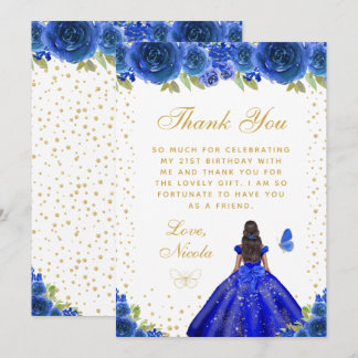 Blue Floral Dark Skin Princess Birthday Party Bedankkaart