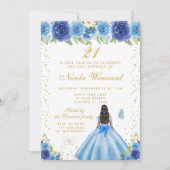 Blue Floral Dark Skin Princess Birthday Party Kaart (Voorkant)